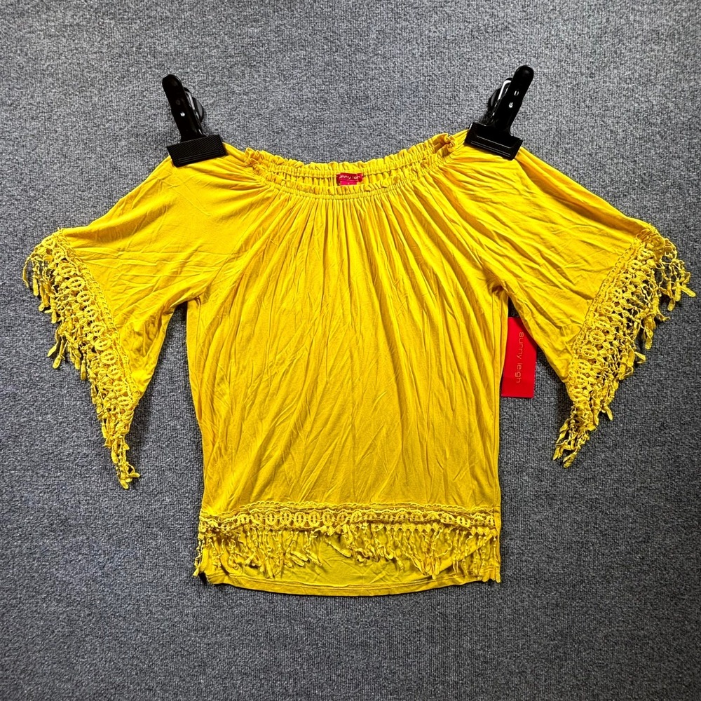 NEW Sunny Leigh Blouse Top Womens S Yellow Crochet Lace Trim Fringe Off Shoulder